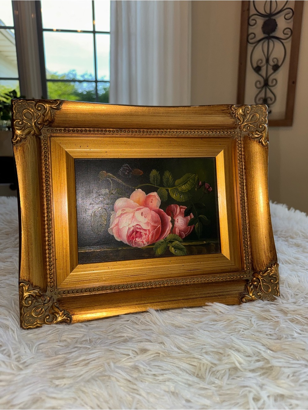 Antique Framed Floral Oil Painting with Pink Roses - Picture 2 of 9